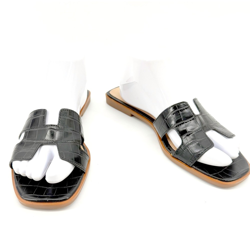 Steven New York Hadyn Slide Sandals Womens 9 Black Croc Embossed Flat